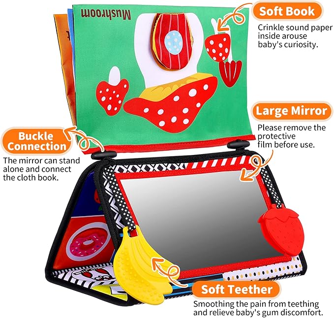 Baby Mirror Tummy Time Toys 0-3 3-6 Months Sensory Crinkle Baby Books Black and White High Contrast Baby Toys for Newborn Infant Montessori Car Seat Toys 0-6 Month Boy Girl Easter Basket Stuffers Gift