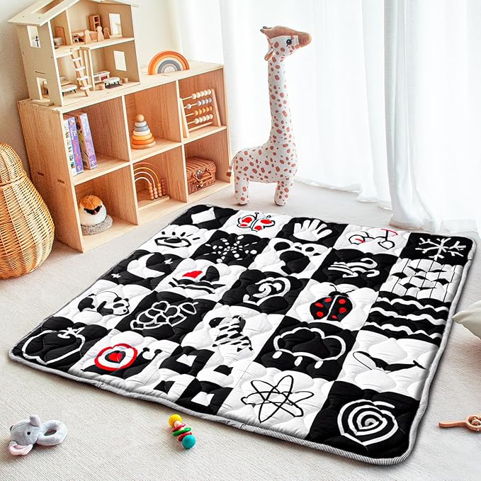 Baby Play Mats for Floor, Upgraded Thick Soft 50x50 Playpen Mat, Anti-Slip Bottom, Foldable and Machine Washable Playmat for Babies and Toddlers Infants(High Contrast)