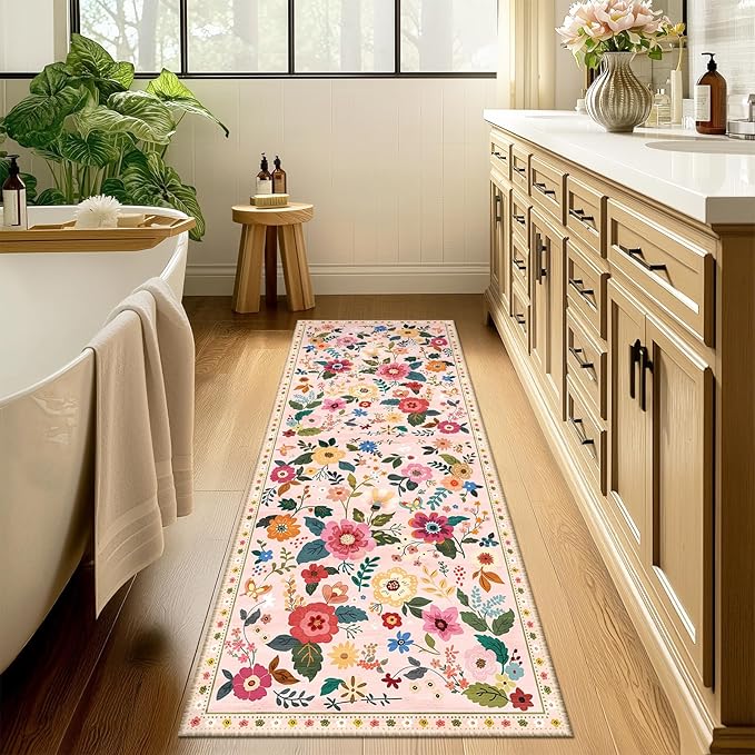 Floral 2x8 Area Rug Machine Washable Soft Print Boho Carpet Non Slip Doormat Low Pile Flower Area Rugs for Living Room Bedroom Nursery Kitchen Dining Room Indoor-Pink