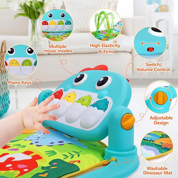 Baby Play Mat Baby Toys Tummy Time Mat Toys Musical Activity Center for Infant Toy with High-Contrast Piano Music & Light Newborn Babies Gifts for Boy Girl Babies Toy 0-6 6-12 Months Dinosaur Style