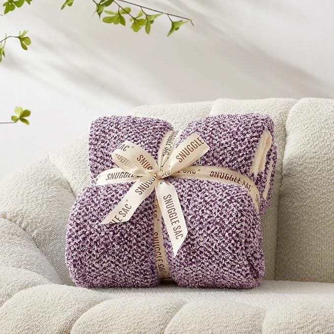 Snuggle Sac Buttery Purple Throw Blanket for Couch, Reversible Super Soft Knitted Blankets, Warm Cozy Knit Fuzzy Plush Lightweight Throws Dupes for Sofa, Bed, Picnic, Purple, 50 x 70 inches