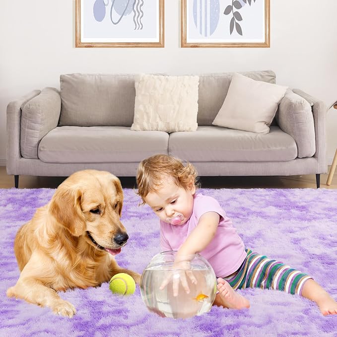 Luxury 4x6 Area Rug, Ultra Soft Rugs for Living Room, Plush Carpet Rugs for Bedroom, Non-Slip Indoor Rug for Nursery, Study Room, Playroom, Home Decor, Tie-Dyed Purple
