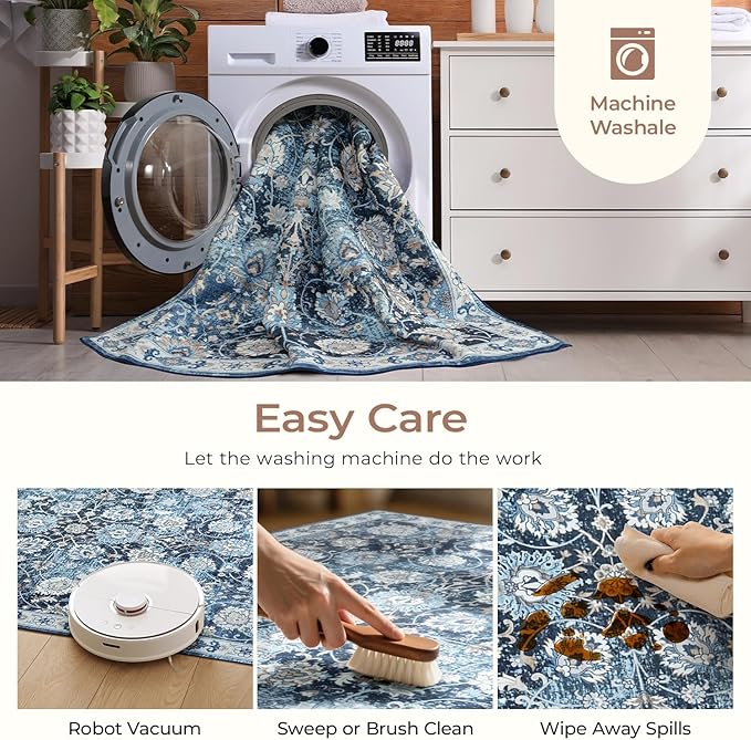 Floral Washable Area Rugs 5x7, Vintage Rug for Living Room, Large Bedroom Carpet, Non Slip Low Pile Ultra Soft Carpets for Indoor Dining Home Nursery Playroom Under Table, Blue Garden