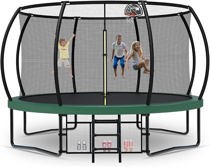 Tatub Large Trampolines Outdoor 10 12 14 15 16FT for Kids and Adults,Outdoor Recreational Pumpkin Trampolines with Curved Poles and Safety Enclosure Net, Basketball Hoop, Ladder