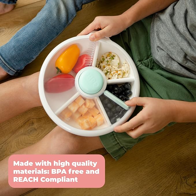 GoBe Kids Large Snack Spinner Slide Bundle with Hand Strap and Sticker Sheet - Reusable Snack Container with 4 Compartment Dispenser and Lid | BPA/PVC Free | Dishwasher Safe | No Spill - Macaron Blue