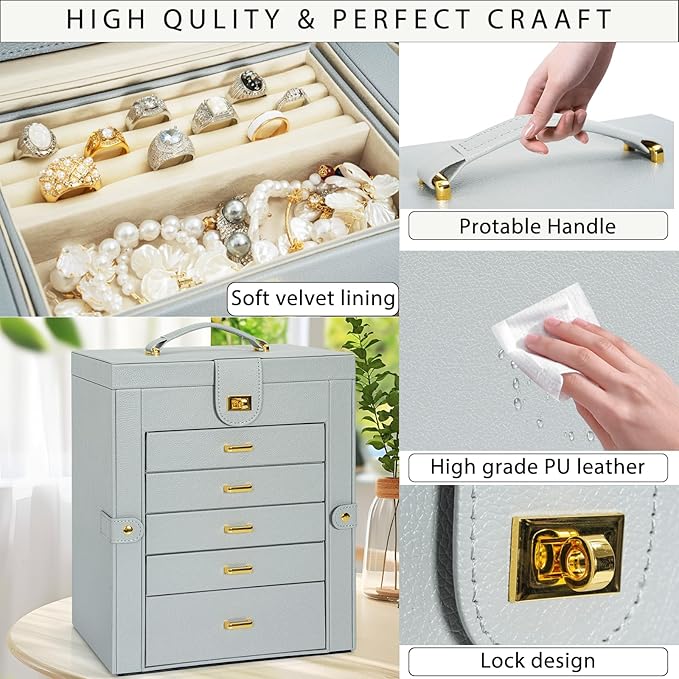 AKOZLIN Large Jewelry Box Organizer Functional Lockable with Big Mirror, Leather Jewelry Storage Case for Women Girls Ring Necklace Earring Bracelet Holder Organizer Grey