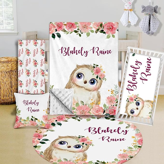 Custom Crib Bedding Set - Owl Design Personalized Name Baby Nursery Bed 3 Pcs Set - Chic Soft Blanket with Dotted Backing, Sheet, Pillowcase for Newborn Girls Boys Gifts Color21