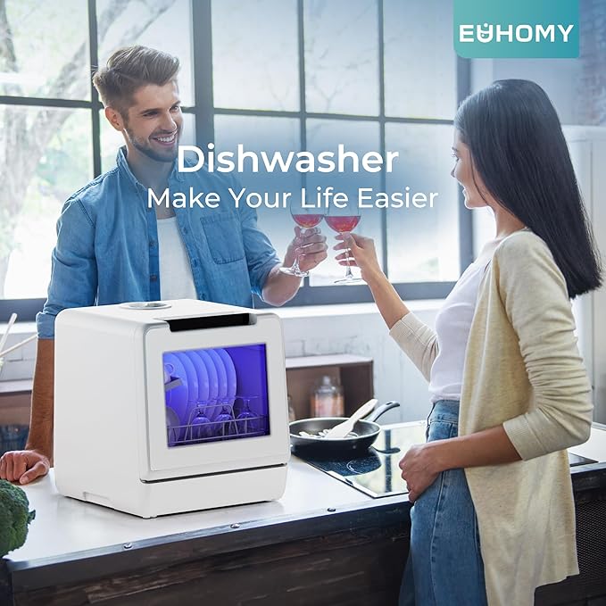 EUHOMY Portable Dishwasher Countertop Dishwashers, 8 Programs Mini Dishwasher, 5L Built-in Water Tank and Inlet hose, Self Clean, Baby Care, Air Dry Function, for Apartments & RVs, No Hookup Needed
