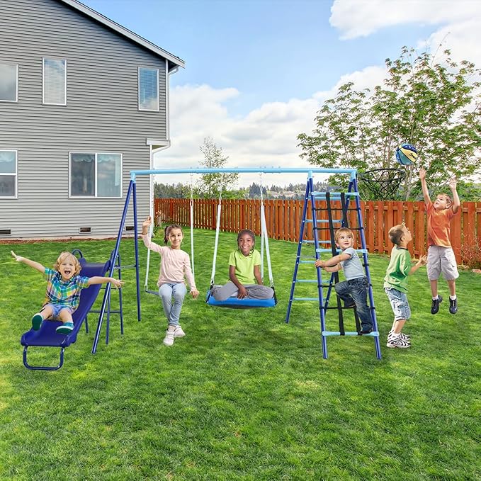 600lbs 6-in-1 Kids Swing Set, Backyard Playset with Belt & Platform Swings, Slide, Climbing Net, Basketball Hoop, Heavy-Duty A-Frame Metal Stand & 6 Anti-Tilt Stakes, Outdoor Gym for Ages 4-12