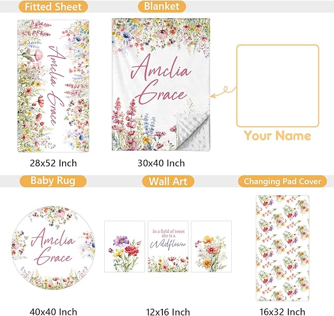 Custom Crib Bedding Set - 5 Pcs Customized Baby Crib Set with Name - Soft Double Layer Flower Nursery Baby Bedding Set for Girls Boys - Personalized for Infants Toddlers