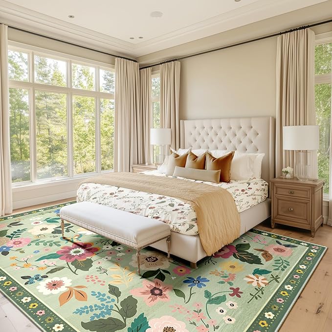 Floral 8x10 Area Rug Machine Washable Soft Print Boho Carpet Non Slip Doormat Low Pile Flower Area Rugs for Living Room Bedroom Nursery Kitchen Dining Room Indoor-Light Green