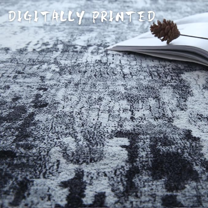 6x9 Rug Washable Bedroom Rug Large Soft Area Rug Abstract Pattern Non-Slip Faux Wool Vintage Rug for Living Room, Farmhouse, Dining Room, Kids Playroom, Grey and Black