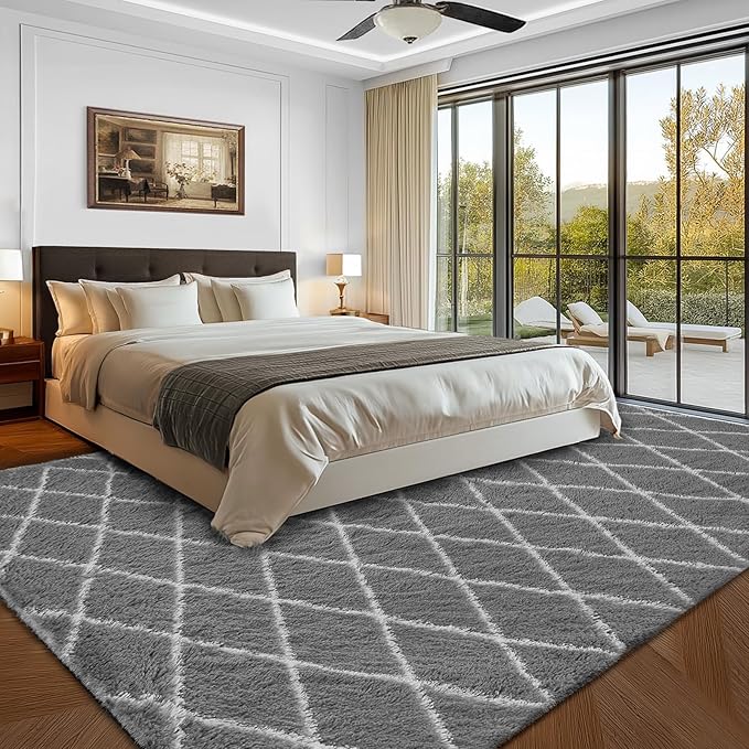 Fluffy Rug for Bedroom, 6X9Feet Stripe Checkered Rug Anti-Skid High Pile for Living Room Bedroom Kids Room Nursery, Dorm Home Decor