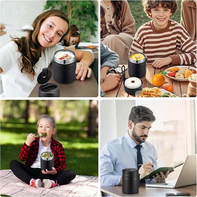 17oz Soup Thermo for Hot Food Kids,Insulated Food Jar with Spoon,Thermo Hot Food Lunch Container,Wide Mouth Leakproof Stainless Steel Lunch Box for School-Black