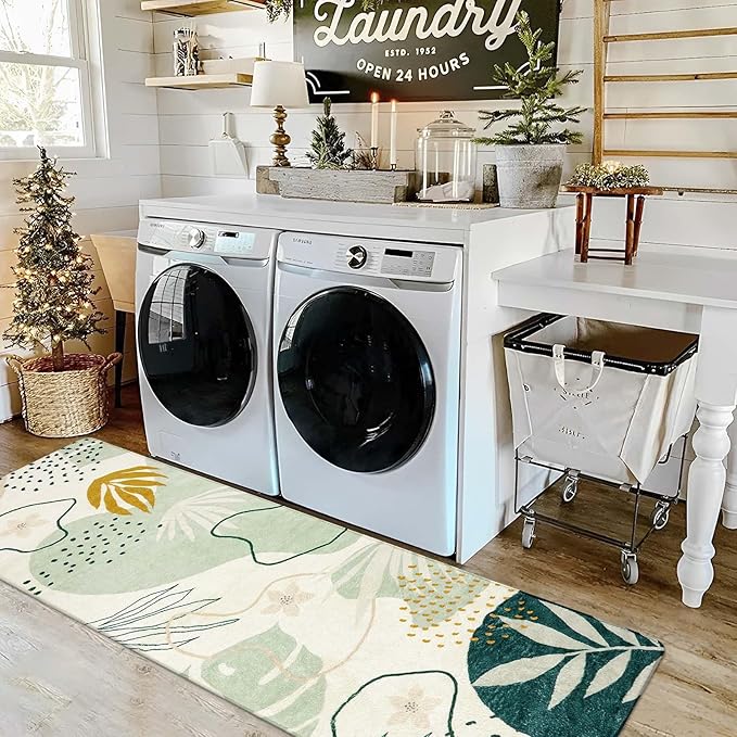 Lahome Green Hallway Runner - 2x7 Washable Non-Slip Runner Rug Throw Lightweight Soft Bathroom Runner Rug, Boho Botanical Print Indoor Carpet Runner for Bedroom Kitchen Entrance Laundry Living Room