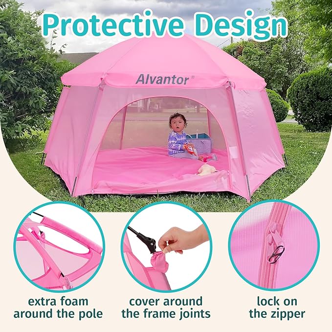 Alvantor Pop Up Playpen- 7'x7'x44”Baby Playpens Large Kids Play Tent Portable and Foldable Playpen Indoor/Outdoor Play Yard with Protective Mesh, UV SPF 50+ Sunshade, and Soft Foam Floor, Pink