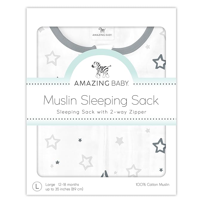 Amazing Baby Cotton Muslin Sleeping Sack, For Baby Boy or Girl, Wearable Blanket with 2-way Zipper, Stars, Sterling, Medium (6-12 Month)