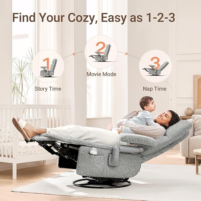 Nursery Swivel Glider Recliner Chair with Adjustable Armrests & Headrest, Rocking Chair Nursery with Removable Cover for Breastfeeding, FSC & Oeko-TEX Certified, Grey