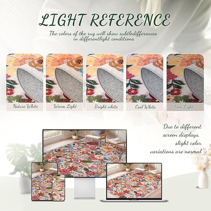 Area Rug Living Room Rugs: 5x7 Washable Rug Vintage Floral Soft Boho Non Slip Carpet Indoor Floor Non Shedding Low Pile Thin Carpets for Bedroom Dining Room Farmhouse Nursery Home Office Beige