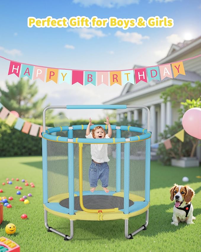 55” Trampoline for Kids, Powder-Coated Mini Trampoline for Toddlers, Indoor Outdoor Toys with Adjustable Gymnastics Bar, Swing, Basketball Hoop, Birthday Gifts for Boys & Girls Ages 1-8