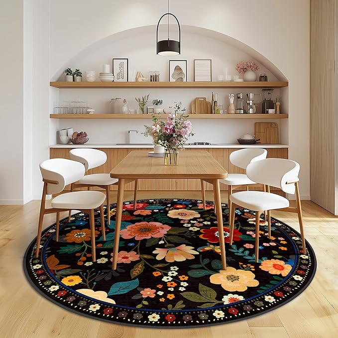 Floral 6ft Area Rug Machine Washable Soft Print Boho Carpet Non Slip Doormat Low Pile Flower Area Rugs for Living Room Bedroom Nursery Kitchen Dining Room Indoor-Black
