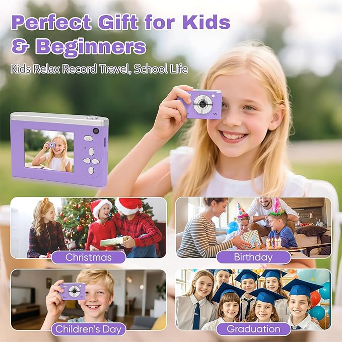 Digital Camera FHD 1080P Video & 8X Digital Zoom - Compact Point and Shoot Digital Camera with 2.4" Screen, 800mAh Rechargeable Battery Portable Small Camera for Kids Teens Girls Boys(Purple)
