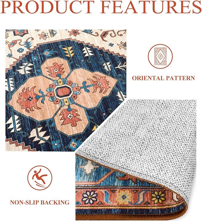 Lahome Boho 3x5 Washable Area Rugs, Small Non-Slip Bedroom Carpet Throw Low-Pile Rugs for Entryway Kitchen, Oriental Distressed Carpet for Bathroom Office Laundry Living Room, Rust