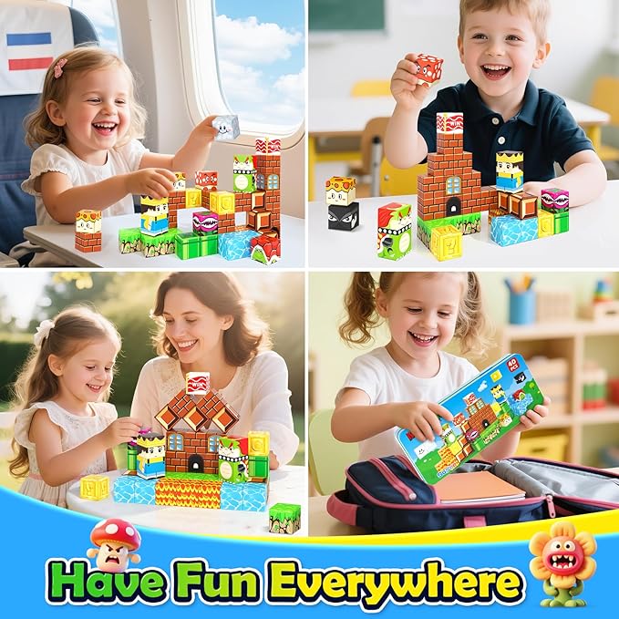 Magnetic Blocks Travel Toys with Portable Metal Tin - STEM Magnet Building Blocks Toddler Kids Toys for 3 4 5 6 7 8 Year Old Boys & Girls Xmas Birthday Gifts Classroom Must Haves Decor