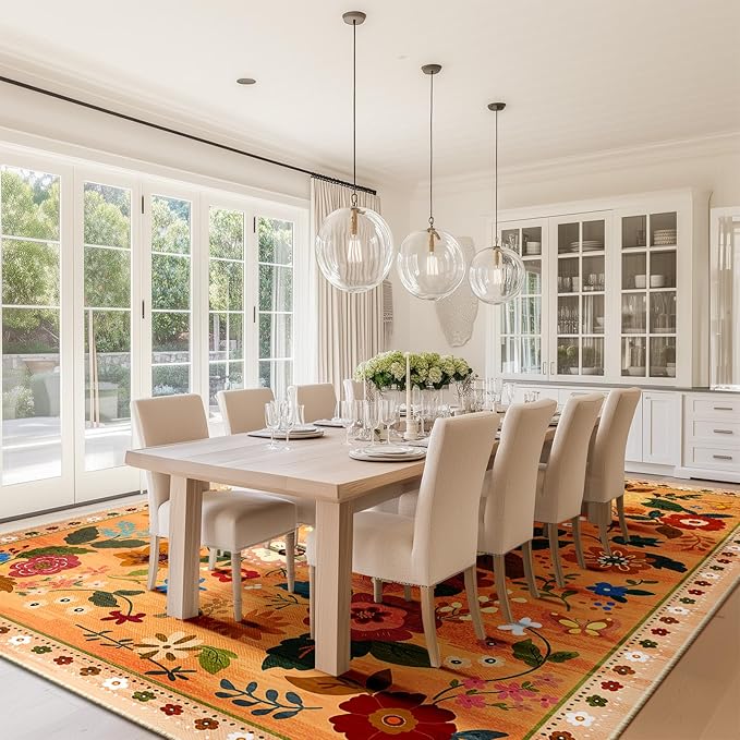 Floral 9x12 Area Rug Machine Washable Soft Print Boho Carpet Non Slip Doormat Low Pile Flower Area Rugs for Living Room Bedroom Nursery Kitchen Dining Room Indoor-Yellow/Orange