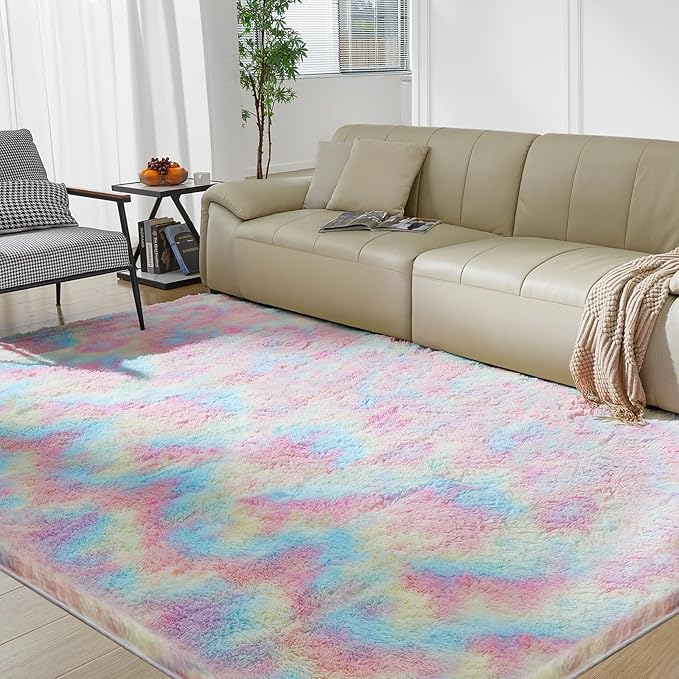 Ultra Soft Rug for Living Room, 9X12 Fluffy Shag Area Rug for Bedroom, Modern Shaggy Carpets Fuzzy Rug for Teens Dorm Nursery Home Decor Aesthetic, Upgrade Anti-Skid Durable, Rainbow