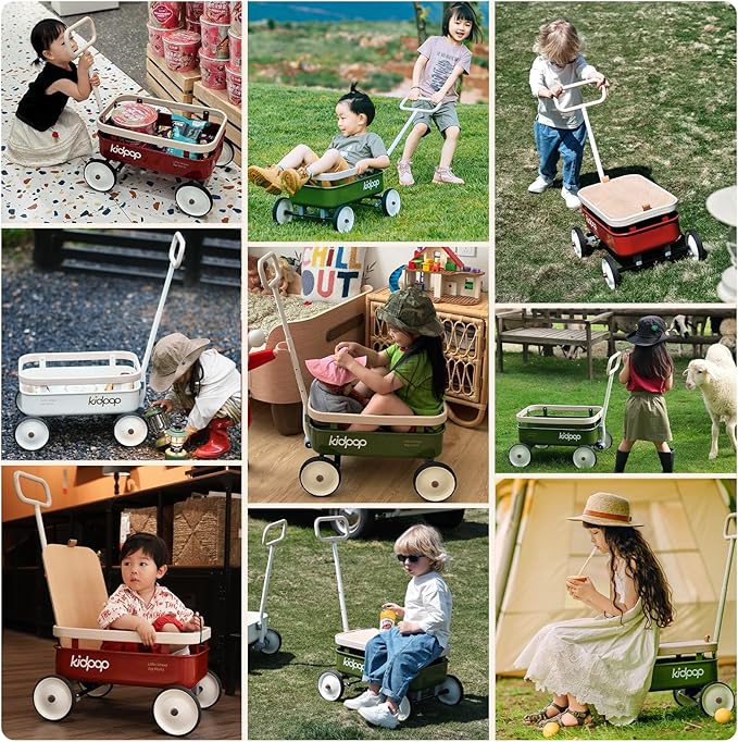 kidpop PULA-Wild 3-in-1 Kids' Pull-Along Wagon Toddlers Push Walker for 2.5-8, Removable Wooden Cover and Adjustable Handlebar, Birthday Gifts Max Weight 33 lbs (White)