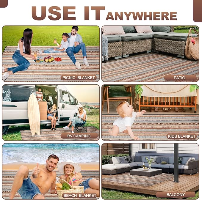 G GOOD GAIN Picnic Blankets Outdoor - Waterproof Outdoor Rug with Shoulder Carry Strap | Machine Washable Picnic Mat with Sandproof Backing for RV, Balcony, Camping, Hiking, Concerts (Orange, 9' x 6')