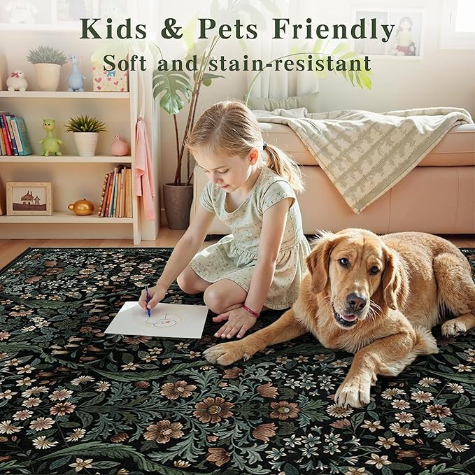 5×7 Black Washable Floral Area Rug,Vintage Boho Soft Low-Pile Living Room Rugs, Stain Resistant Botanical Non-Slip Carpet for Bedroom,Dining Room, Kids Nursery,Home Decor