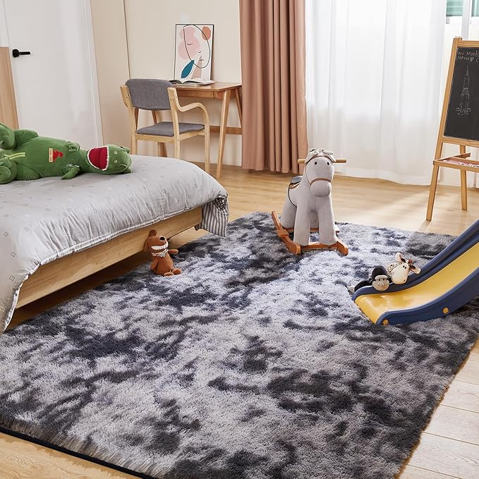 9x12 Fluffy Rugs for Living Room, Ultra Soft Plush Area Rug for Bedroom, Anti-Skid High Pile Indoor Carpet for Nursery, Kids Room, Playroom, Home Decoration, Tie-Dyed Dark Grey