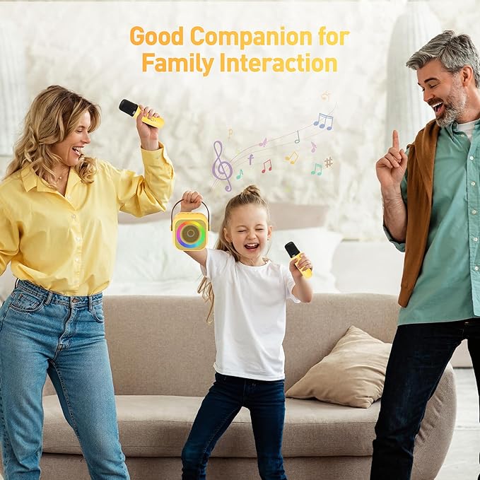 Mini Karaoke Machine for Kids Adults:Portable Bluetooth Karaoke Speaker with 2 Wireless Microphones and Lights for Home Party, Christmas Birthday Gifts for 4-12+ Years Old Girls Boys(Yellow)