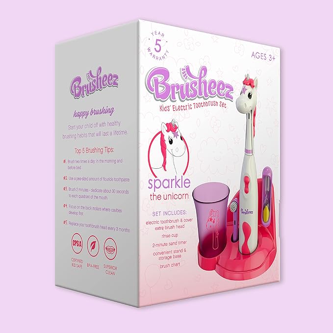 Brusheez Kids’ Electric Toothbrush Set - Safe & Effective for Ages 3+ - Parent Tested & Approved with Gentle Bristles, 2 Brush Heads, Rinse Cup, 2-Minute Timer, & Storage Base (Sparkle The Unicorn)