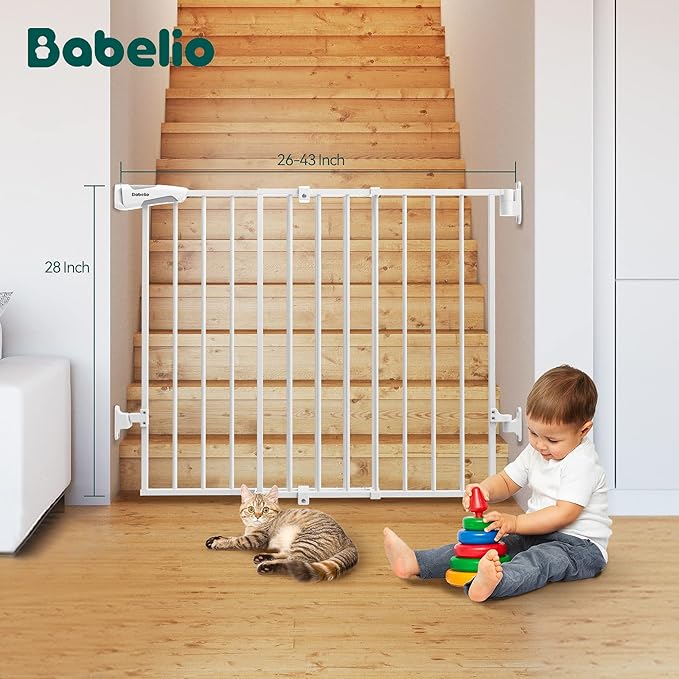 Babelio 26-43" No Bottom Bar Baby Gate for Babies, Elders and Pets, 2-in-1 Hardware Mount Dog Gate for The House, Stairs and Doorways, with Large Walk Thru Door, White