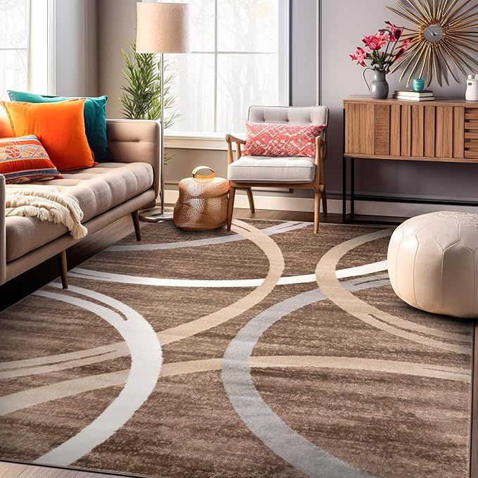 Rugshop Modern Wavy Circles Design Area Rug 10' x 14' Brown
