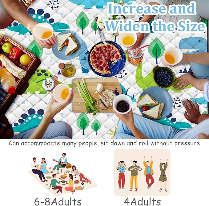 Extra Large Picnic Blanket Waterproof,80"x 80"Foldable Machine Washable Beach Blanket,Outdoor Blanket for 6-8 Adults,Picnic Mat Suitable for Indoor Crawling,Park Beach,Camping,Hiking,Travel(Dinosaur)