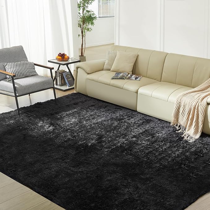 Ultra Soft Rug for Living Room, 4X6 Fluffy Shag Area Rug for Bedroom, Modern Shaggy Carpets Fuzzy Rug for Teens Dorm Nursery Home Decor Aesthetic, Upgrade Anti-Skid Durable, Black