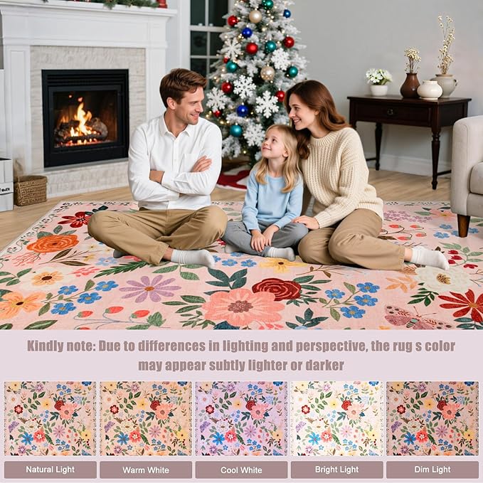 6x9 Area Rugs for Living Room: Floral Washable Rug Vintage Large Soft Boho Non-Slip Carpet Indoor Floor Stain Resistant Thin Carpets for Bedroom Dining Room Farmhouse Nursery Hallway Home Office Beige