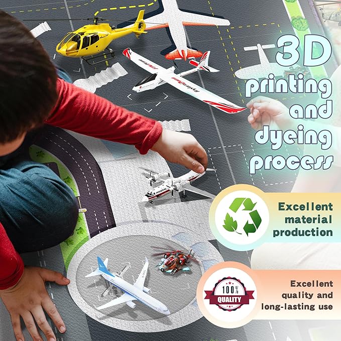 Play Rug for Playroom 59"x39" Airport Carpet for Kids Bedroom with Combined City Road Traffic System Aircraft Runway Playmat Rugs Carpet Non-Slip Washable Area Mat