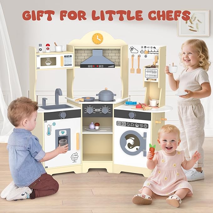 ANPABO Play Kitchen for Kids, Wooden Kitchen Playset w/Real Lights & Sounds, Coffee & Ice Maker, Microwave, Stove, 30Pcs Accessories Include Play Food, Pretend Play Set for Boys & Girls, Yellow