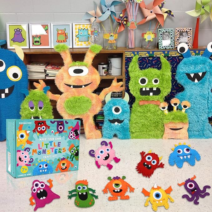 CiyvoLyeen Little Monsters Sewing Craft Kit for Children Adopt A Monster Felt Plush DIY Sewing Art Kids Educational Toys Monster Bash Craft Gift for Beginners Set of 8