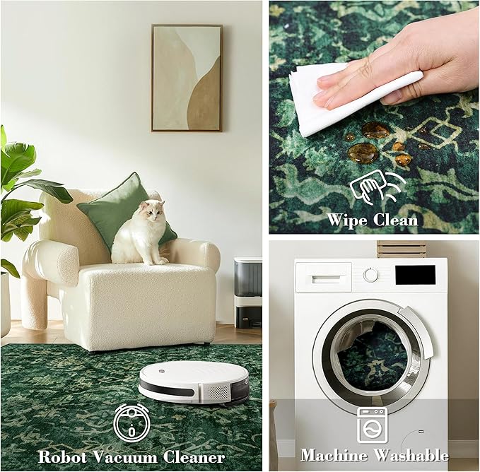 Deerly Dark Green Area Rugs 10x12 for Living Room Soft Non-Slip, Large Bedroom Rug Vintage Dining Room Rug Tribal Farmhouse Carpet for Dining Room Office Green