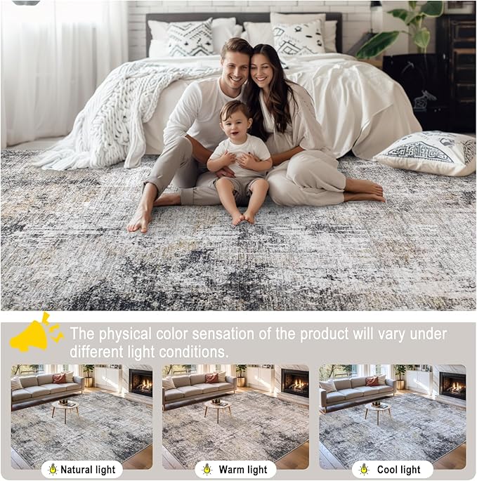 Area Rugs Living Room Rug - 4x6 Washable Modern Abstract Soft Neutral Non-Slip Carpet Large Indoor Floor Thin Carpets for Bedroom Dining Room Farmhouse Nursery Home Office Brown Black Grey