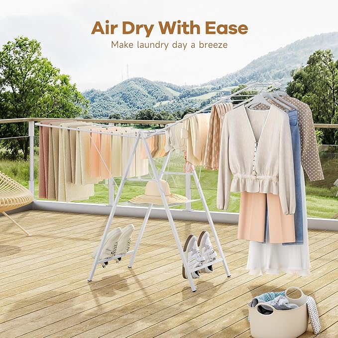 APEXCHASER Drying Rack Clothing, Clothes Drying Rack Foldable, Metal Laundry Drying Rack Collapsible for Sweater Towel Indoor Outdoor, Gullwing Clothes Rack Drying with Height Adjustable Rails, White