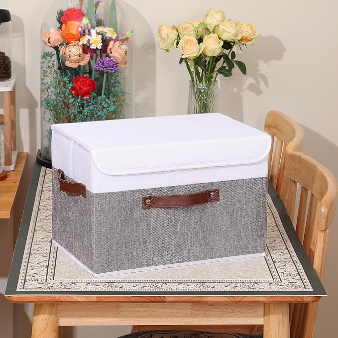 ANMINY Storage Boxes with Lids Washable Decorative Storage Bins Basket with PU Leather Handle Foldable Linen Fabric Storage Cubes Containers for Home Closet Organizer - Gray White, Large Size