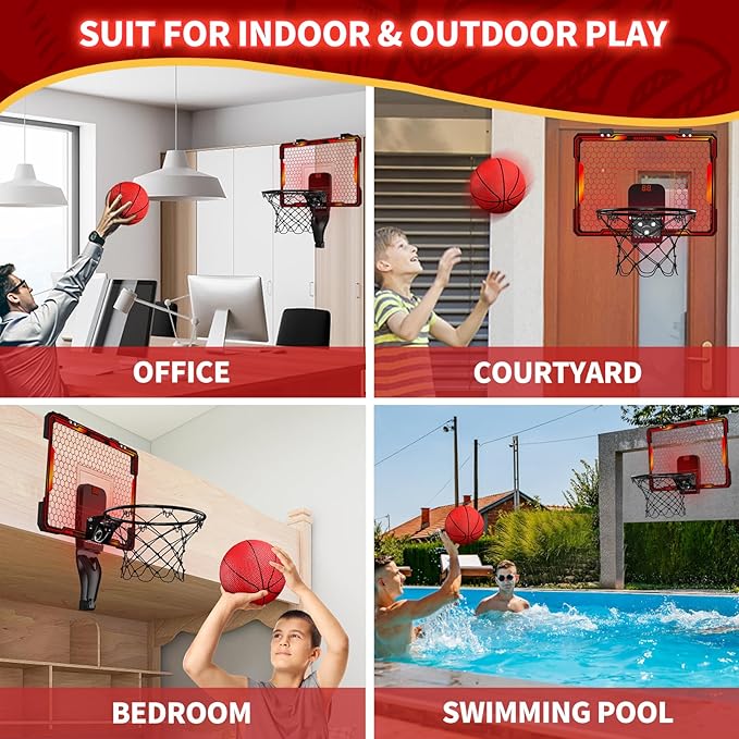 Mini Basketball Hoop with LED Lighting, Electronic Scoreboard, 3 Modes, Over Door Mount, Gift for Kids & Adults (Red)