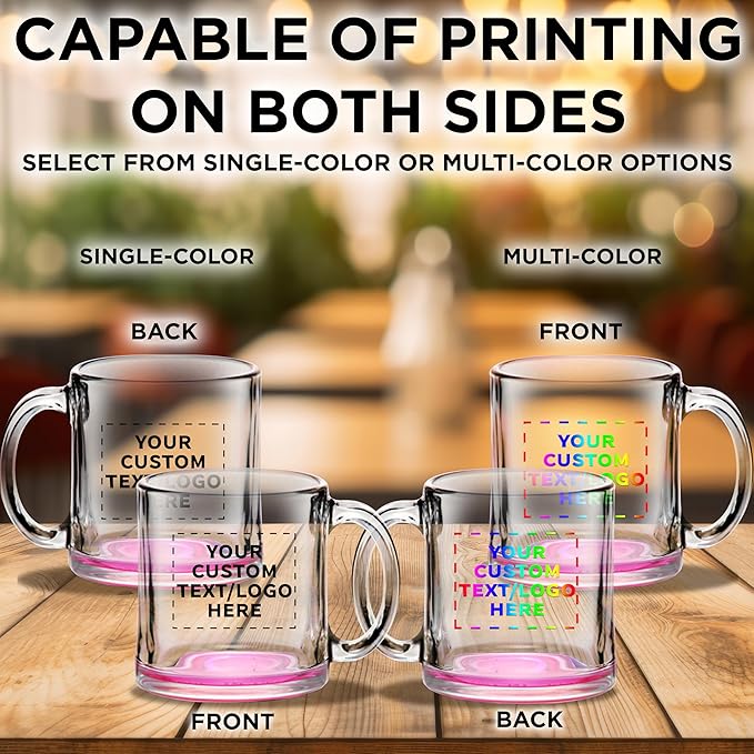 Custom Libbey Clear Glass Coffee Mugs 13 oz. Set of 50, Personalized Bulk Pack - Perfect for Coffee, Tea, Espresso, Hot Cocoa, Other Beverages - Pink Bottom